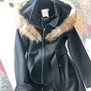 Rachel Roy wool blend black coat with faux fur trimmed hood